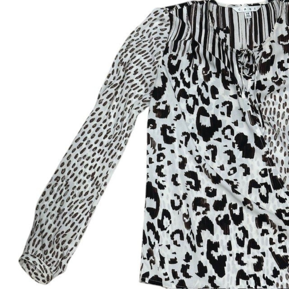 Cabi‎ XS Animal Print Blouse Top Tie Neck Long Sleeve Abstract White Black - Picture 8 of 15